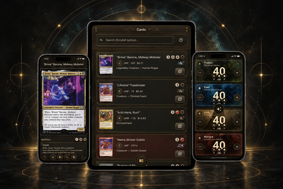 Planar Lexicon card discovery, deck, collection, and play surfaces shown across devices